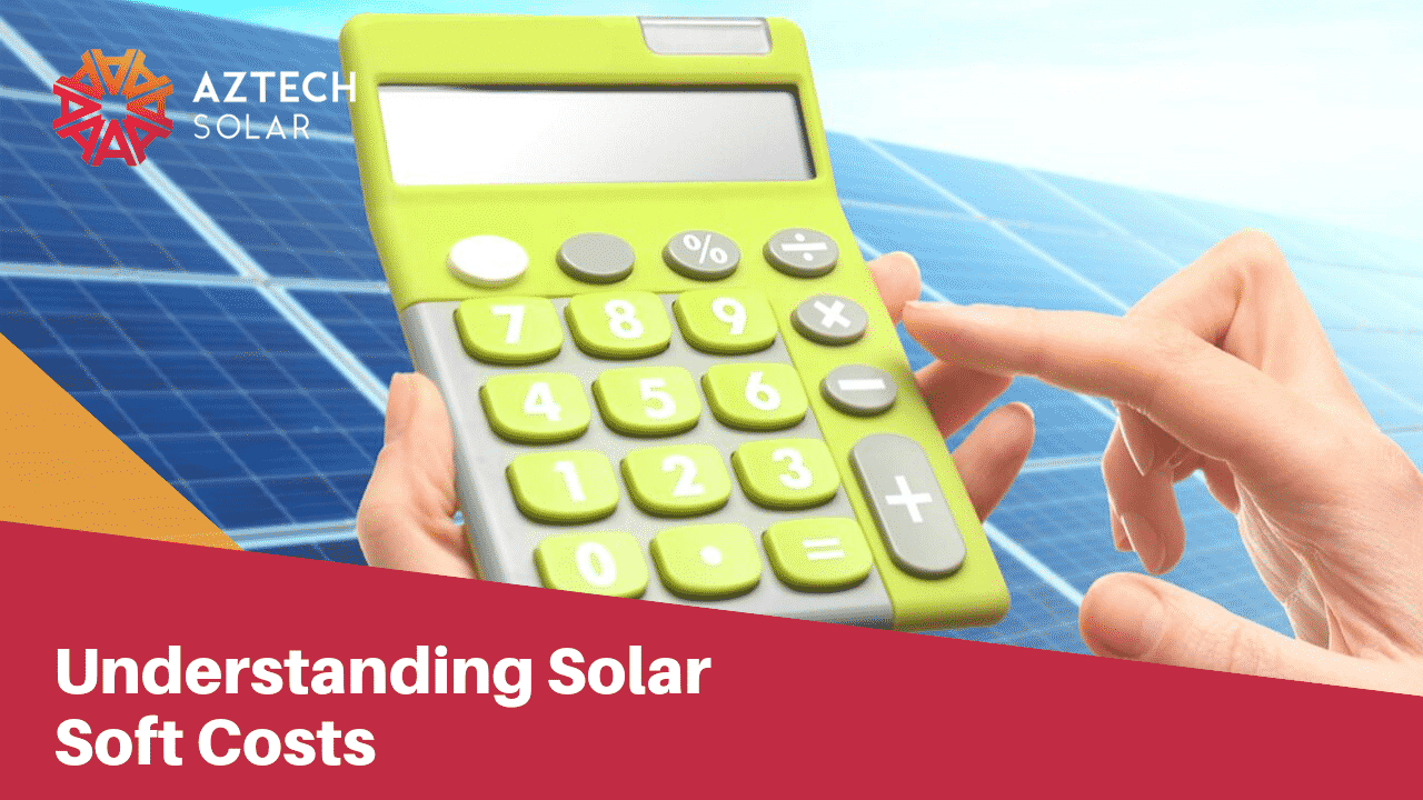 Calculator over solar panels illustrating solar soft costs