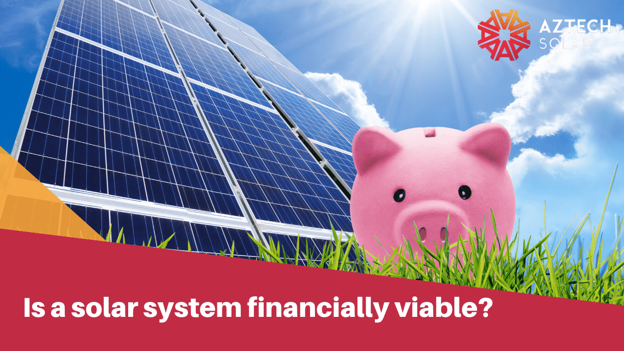 Solar panels and piggy bank under sunny sky