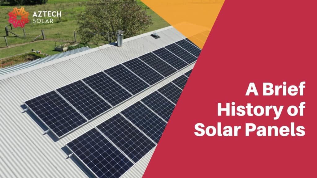 Rooftop solar panels with history of solar panels text