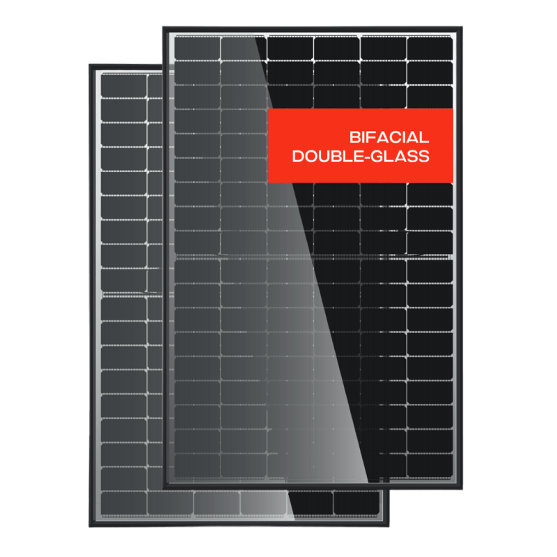 Bifacial double-glass solar panels displayed together.